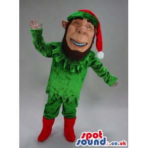 Cute Dwarf Mascot Wearing Christmas Red And Green Clothes -