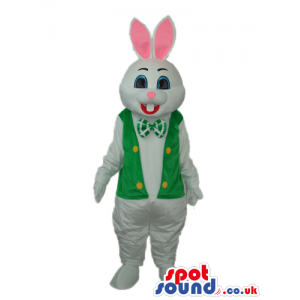 White Rabbit Mascot With Pink Ears Wearing A Green Vest -