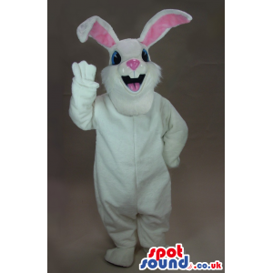 Cute White Rabbit Mascot With Pink Ears And Blue Eyes - Custom