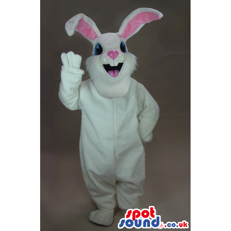 Cute White Rabbit Mascot With Pink Ears And Blue Eyes - Custom