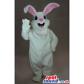 Cute White Rabbit Mascot With Pink Ears And Blue Eyes - Custom