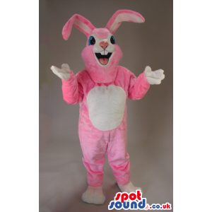 Cute White And Pink Rabbit Mascot With Pink Ears And Blue Eyes