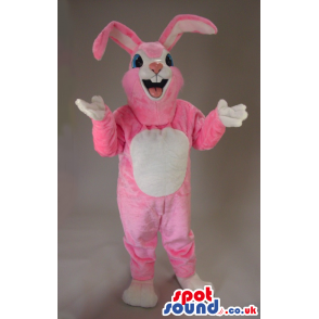 Cute White And Pink Rabbit Mascot With Pink Ears And Blue Eyes
