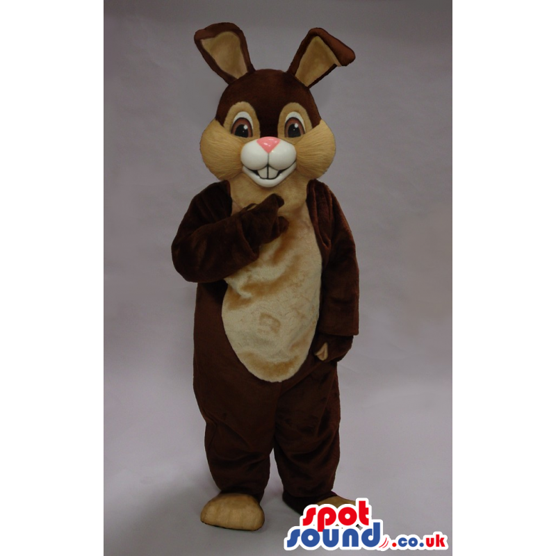 Dark Brown Rabbit Mascot With A Pink Nose And Beige Belly -