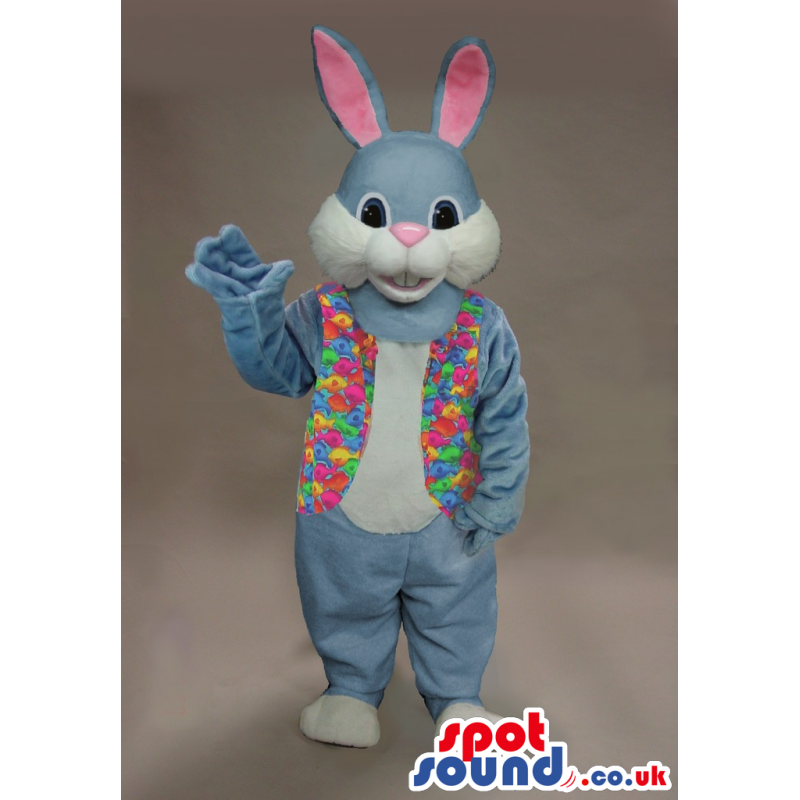 Blue Rabbit Mascot With A Pink Nose Wearing A Flowery Vest -