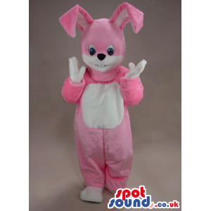 Cute Pink Rabbit Mascot With A White Belly And Blue Eyes -