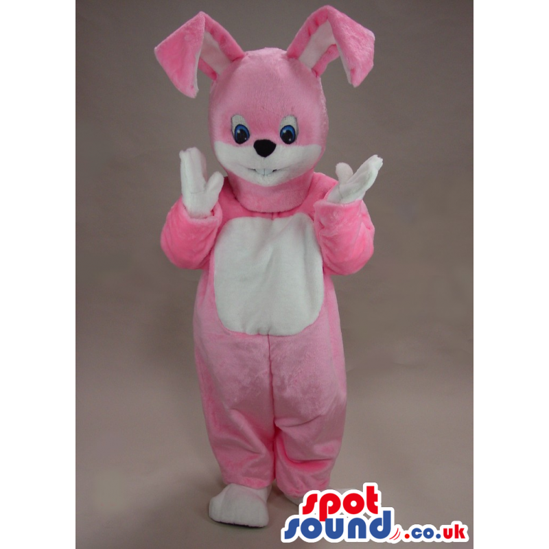 Cute Pink Rabbit Mascot With A White Belly And Blue Eyes -