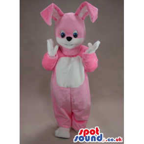 Cute Pink Rabbit Mascot With A White Belly And Blue Eyes -
