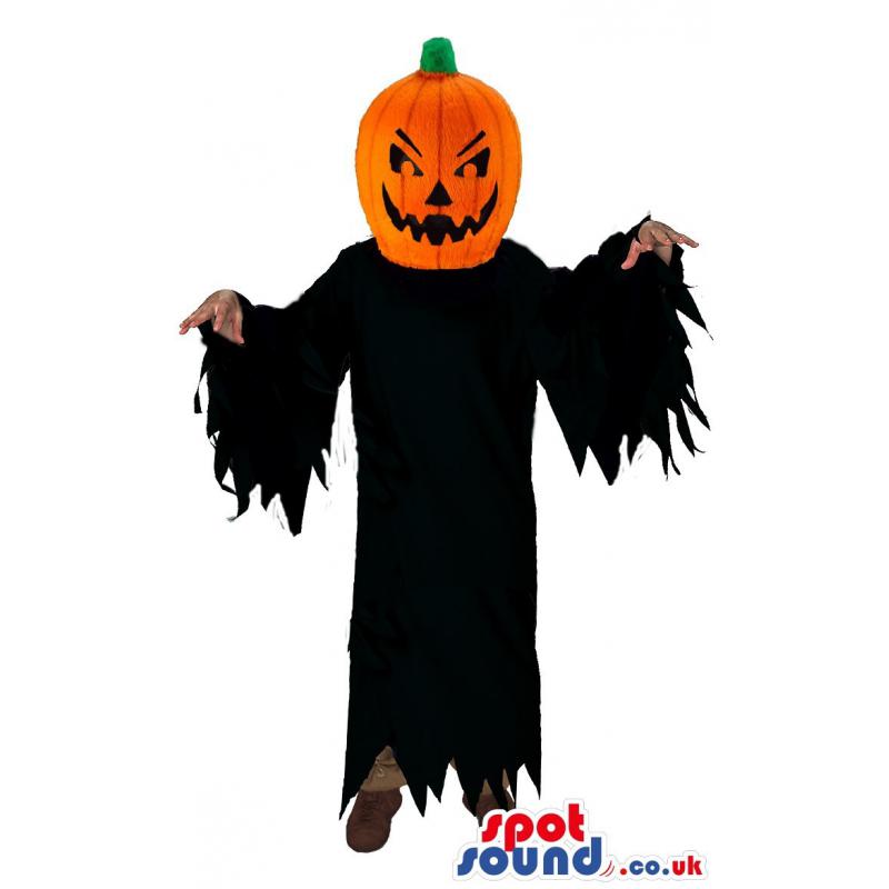 Halloween mascot with orange pumpkin face and black coat -