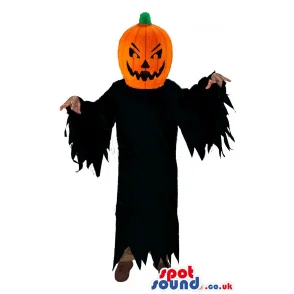 Halloween mascot with orange pumpkin face and black coat -