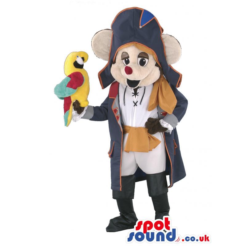 Magician rat mascot in blue cloak and a parrot in his hand -