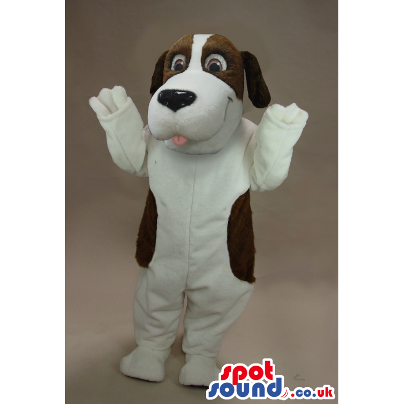 White Dog Plush Mascot With A Dark Brown Head And Spots -