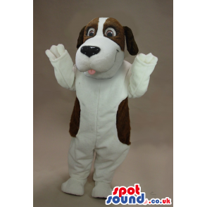 White Dog Plush Mascot With A Dark Brown Head And Spots -