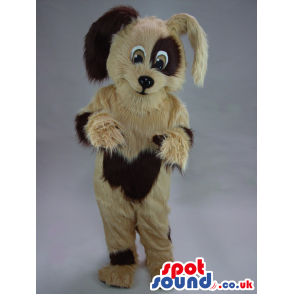 Beige Hairy Dog Plush Mascot With A Dark Brown Head And Spots.