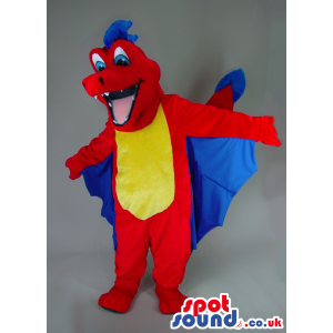 Hairy Red Dragon Plush Mascot With Blue Wings And Yellow Belly