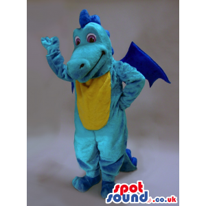 Blue Dragon Plush Mascot With Blue Wings And A Yellow Belly -