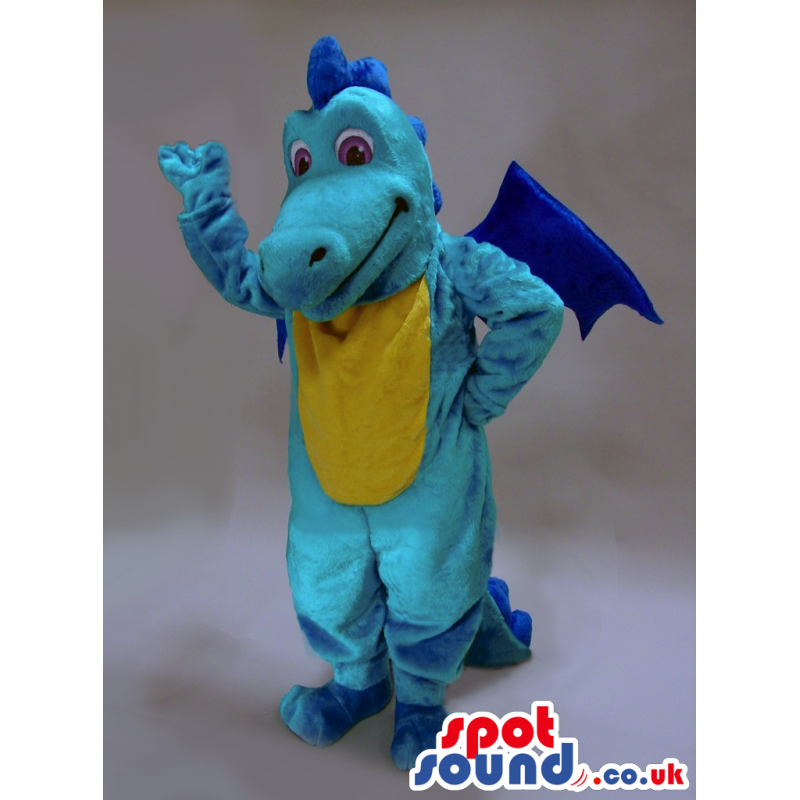 Blue Dragon Plush Mascot With Blue Wings And A Yellow Belly -