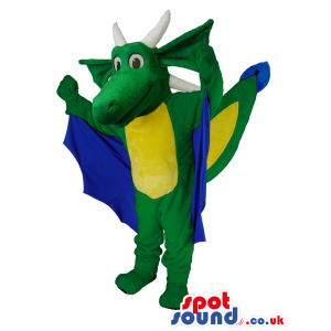 Green Dragon Plush Mascot With Blue Wings And A Yellow Belly -
