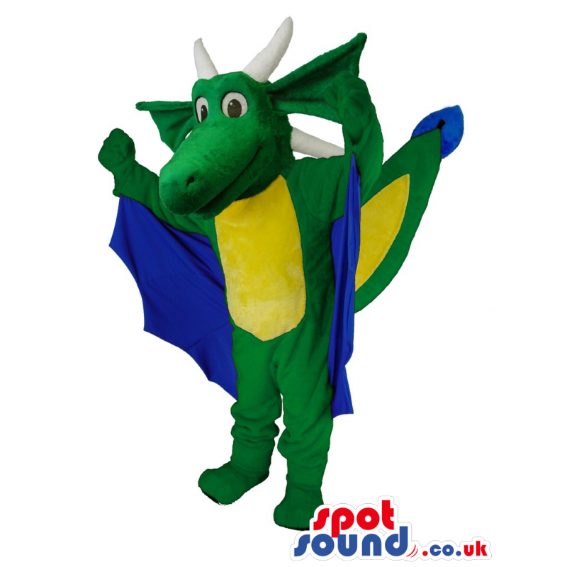 Green Dragon Plush Mascot With Blue Wings And A Yellow Belly -