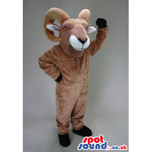 All Beige Big Goat Animal Plush Mascot With Curled Horns -