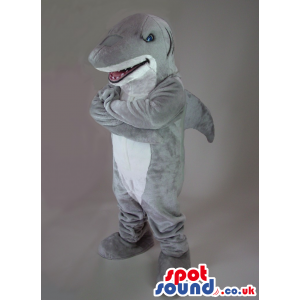 Furious Grey Shark Mascot With Jaws And White Belly - Custom