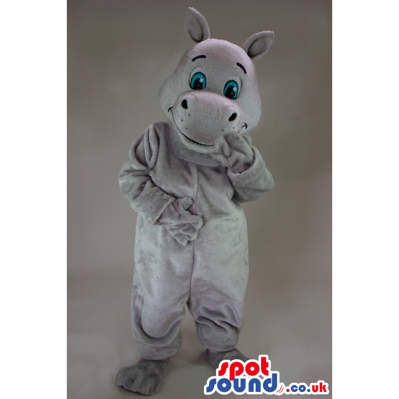 Cute Grey Hippopotamus Animal Mascot With Blue Eyes - Custom
