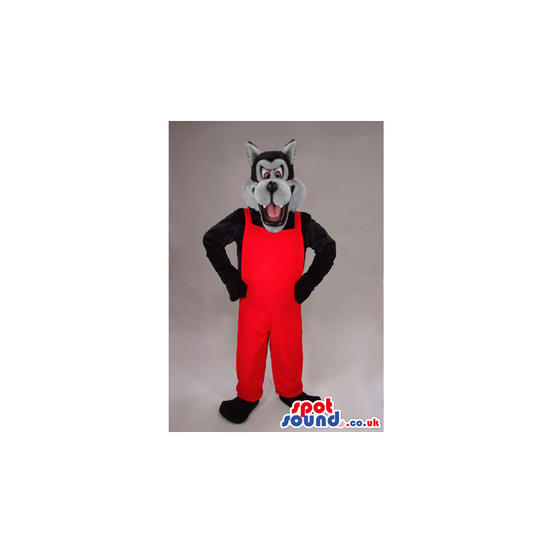 Black And Grey Wolf Plush Mascot Wearing Red Overalls - Custom