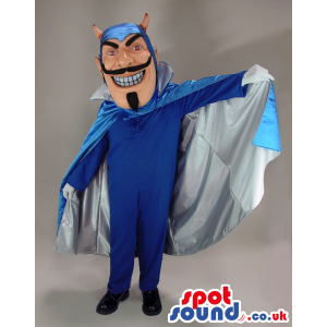Devil Character Mascot Wearing Blue Garments And Cape - Custom