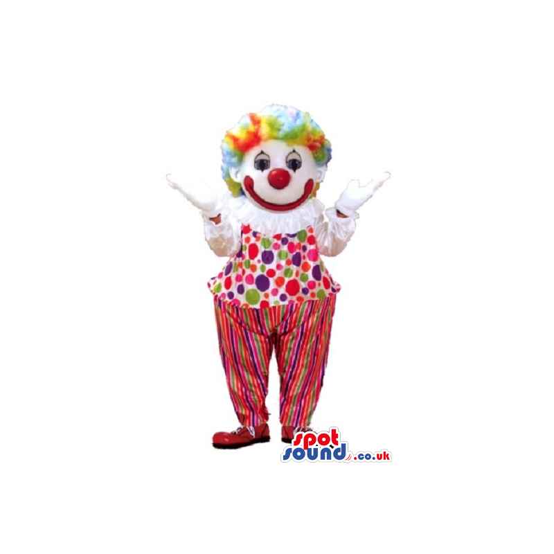 White Clown Mascot With A Colorful Wig And Clothes With Dots -