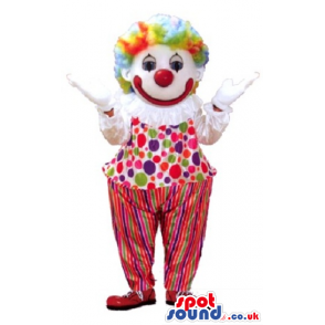 White Clown Mascot With A Colorful Wig And Clothes With Dots -