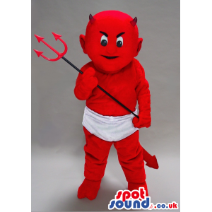 Red Baby Demon Mascot Wearing Nappies, With A Fitch-Fork -