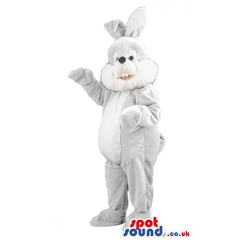 Gray and white rabbit mascot with bunny teeth and a open mouth