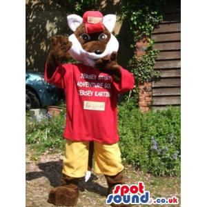 Fox bunny mascot in red t-shirt and yellow shorts and red cap -