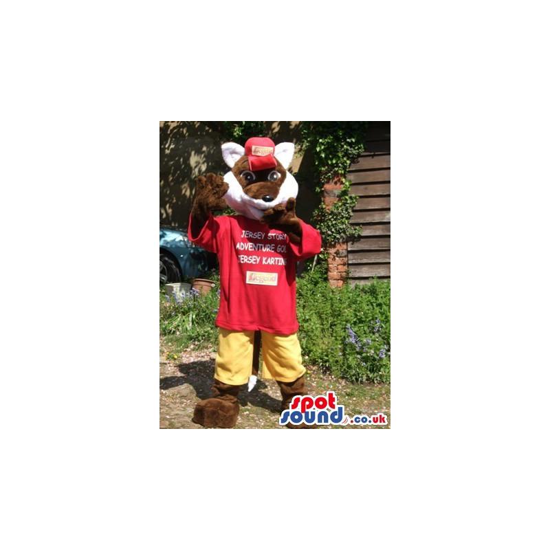 Fox bunny mascot in red t-shirt and yellow shorts and red cap -