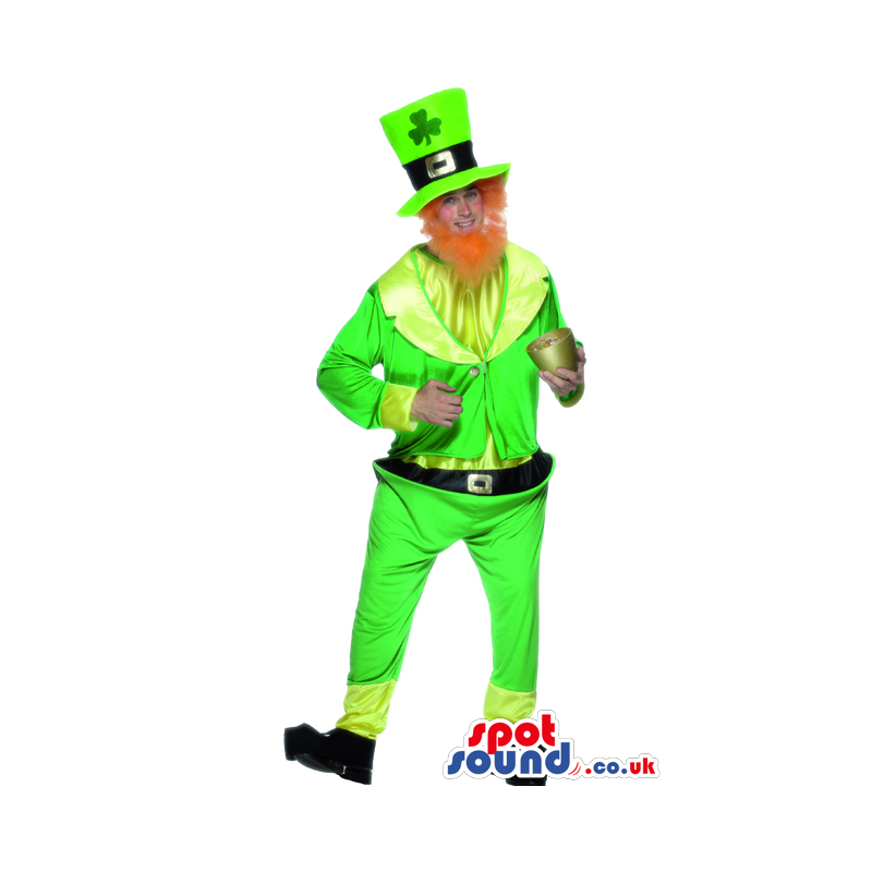 Green Flashy Leprechaun Adult Size Costume With A Red Beard -