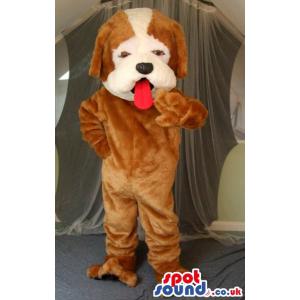 Brown dog mascot with opened mouth and waving his hand - Custom