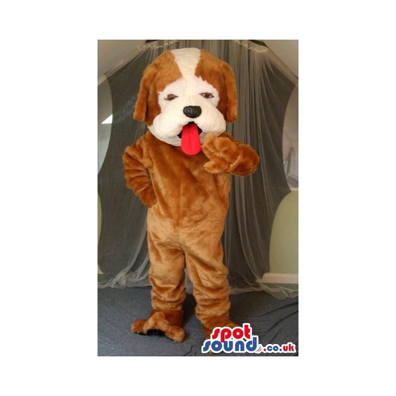 Brown dog mascot with opened mouth and waving his hand - Custom