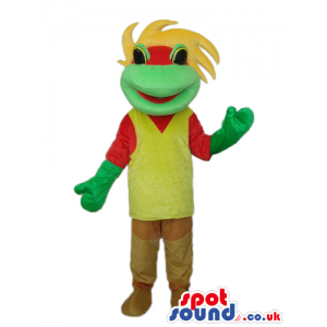 Fantasy Green Frog Plush Mascot With A Yellow And Red T-Shirt -