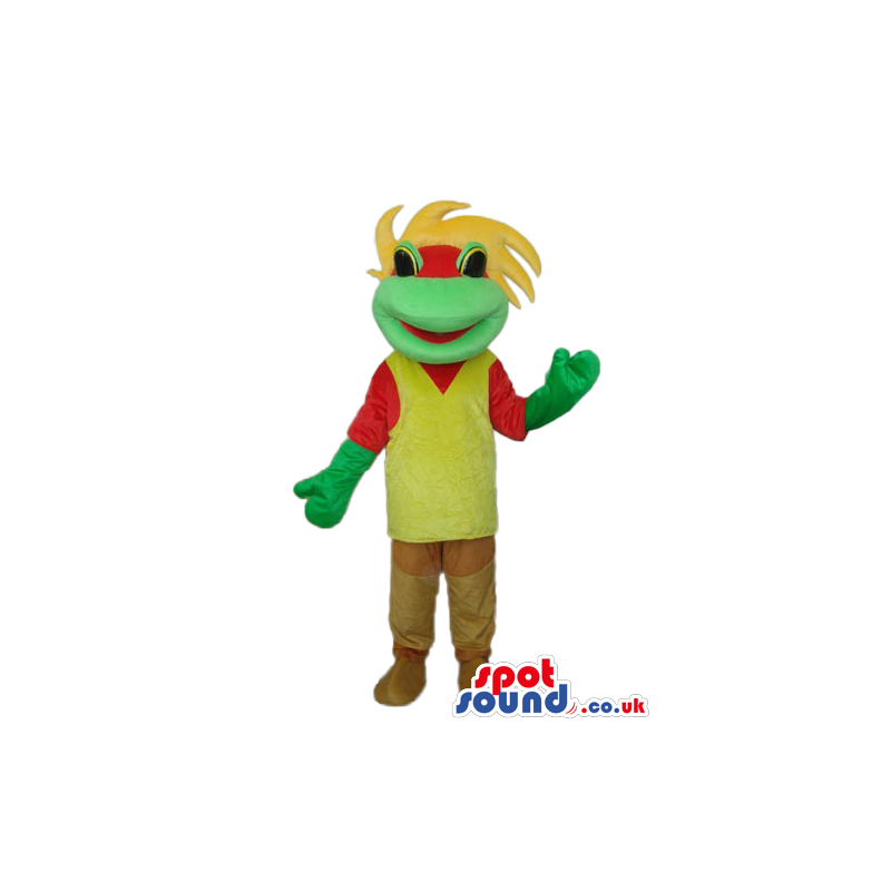 Fantasy Green Frog Plush Mascot With A Yellow And Red T-Shirt -