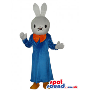 Cartoon White Bunny Plush Mascot Wearing Blue Dress - Custom