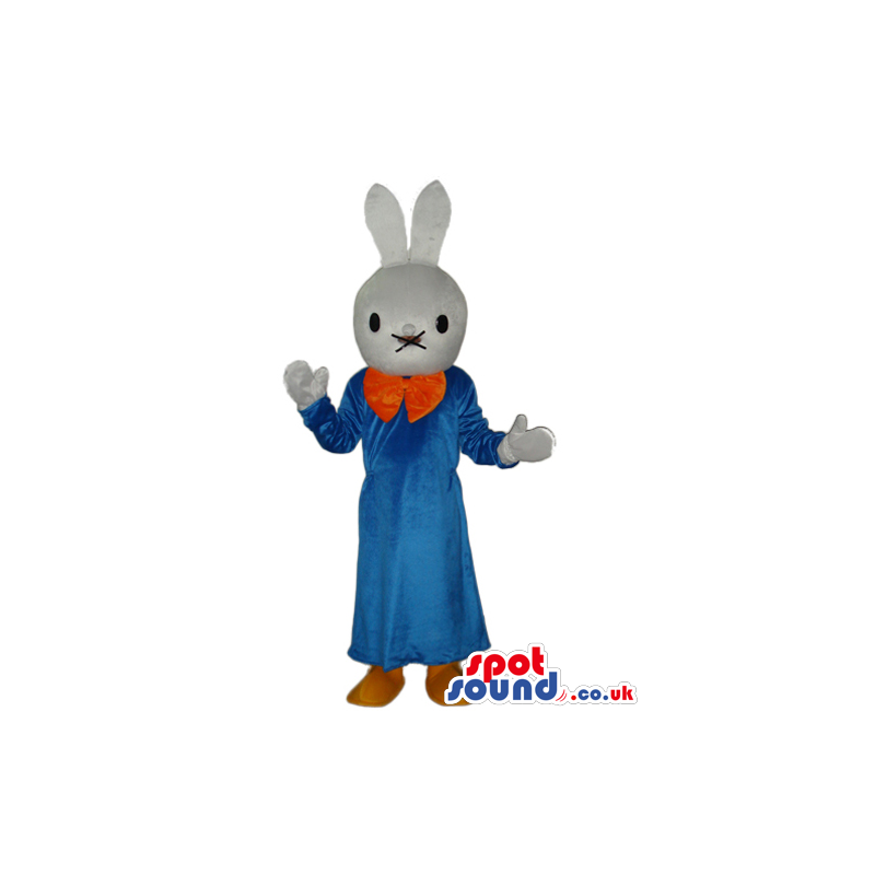 Cartoon White Bunny Plush Mascot Wearing Blue Dress - Custom