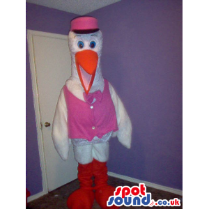 White Stork Bird Mascot Wearing Pink Garments And Hat - Custom