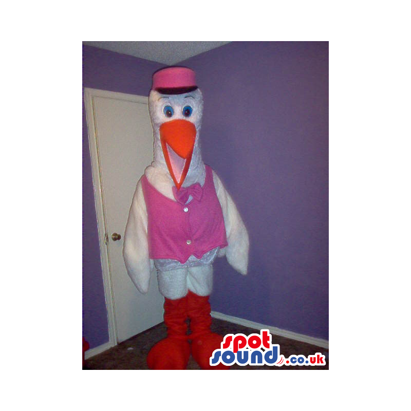 White Stork Bird Mascot Wearing Pink Garments And Hat - Custom
