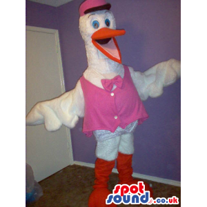 White Stork Bird Mascot Wearing Pink Garments And Hat - Custom