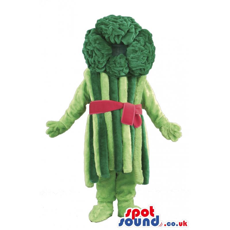 Light and dark green broccoli mascot with a red bow - Custom