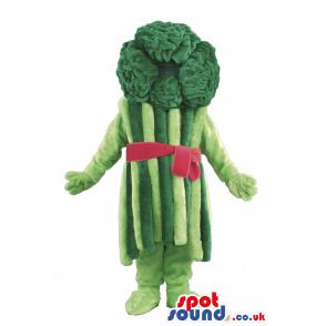 Light and dark green broccoli mascot with a red bow - Custom