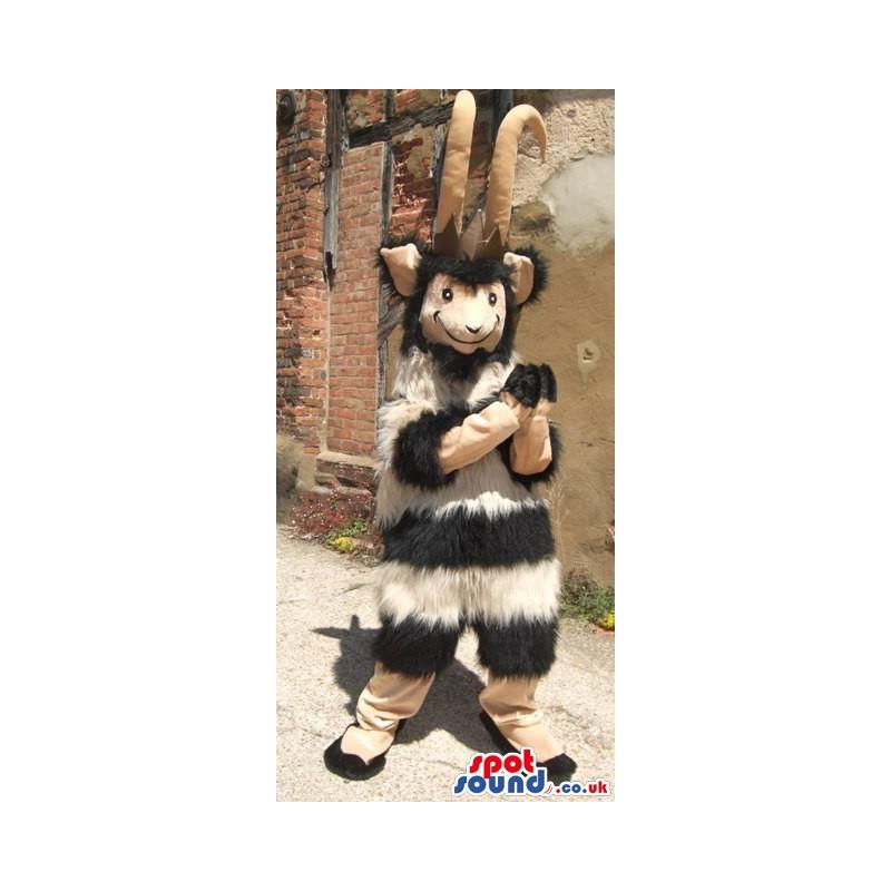 Black and white goat with brown two long curved horns - Custom
