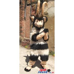 Black and white goat with brown two long curved horns - Custom