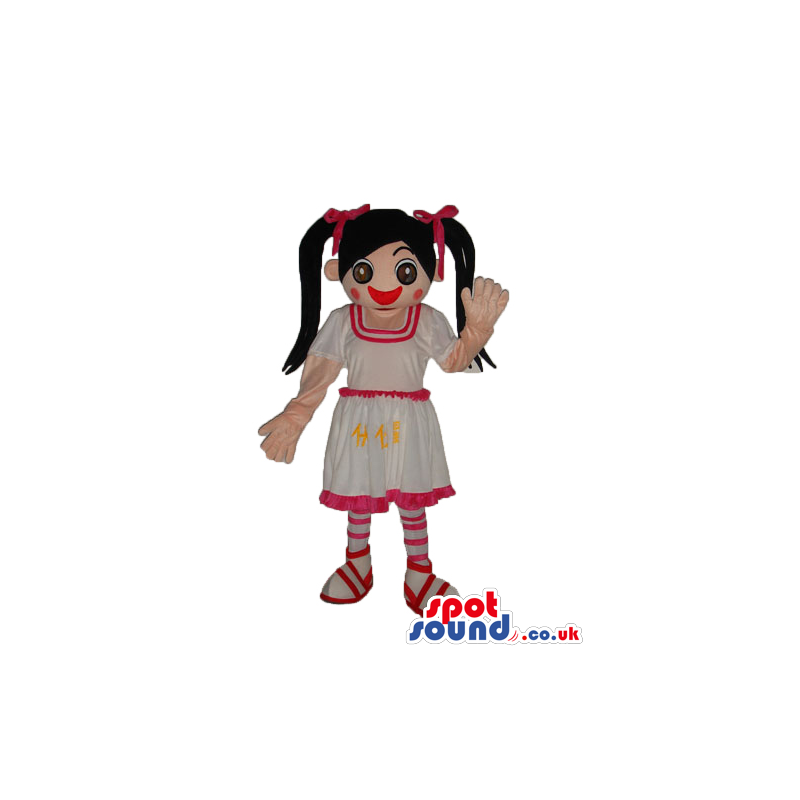 Girl Character Mascot Wearing A Pink And White Dress - Custom