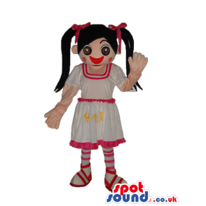 Girl Character Mascot Wearing A Pink And White Dress - Custom